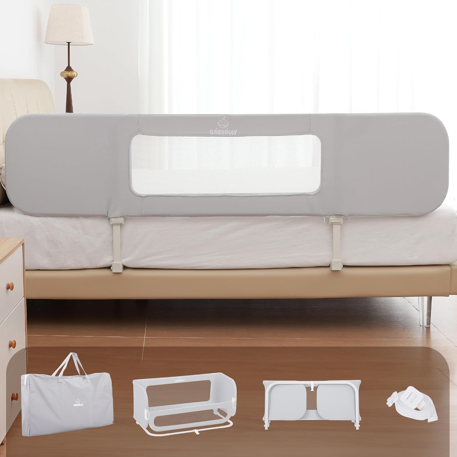 2-in-1 Foldable Child Bed Rail (185 cm) / Baby Co-Sleeper Guard — Includes Carry Bag — High-Profile Bed Rail for Toddlers — Ideal for Travel & Vacations — Ready to Use — Grey
