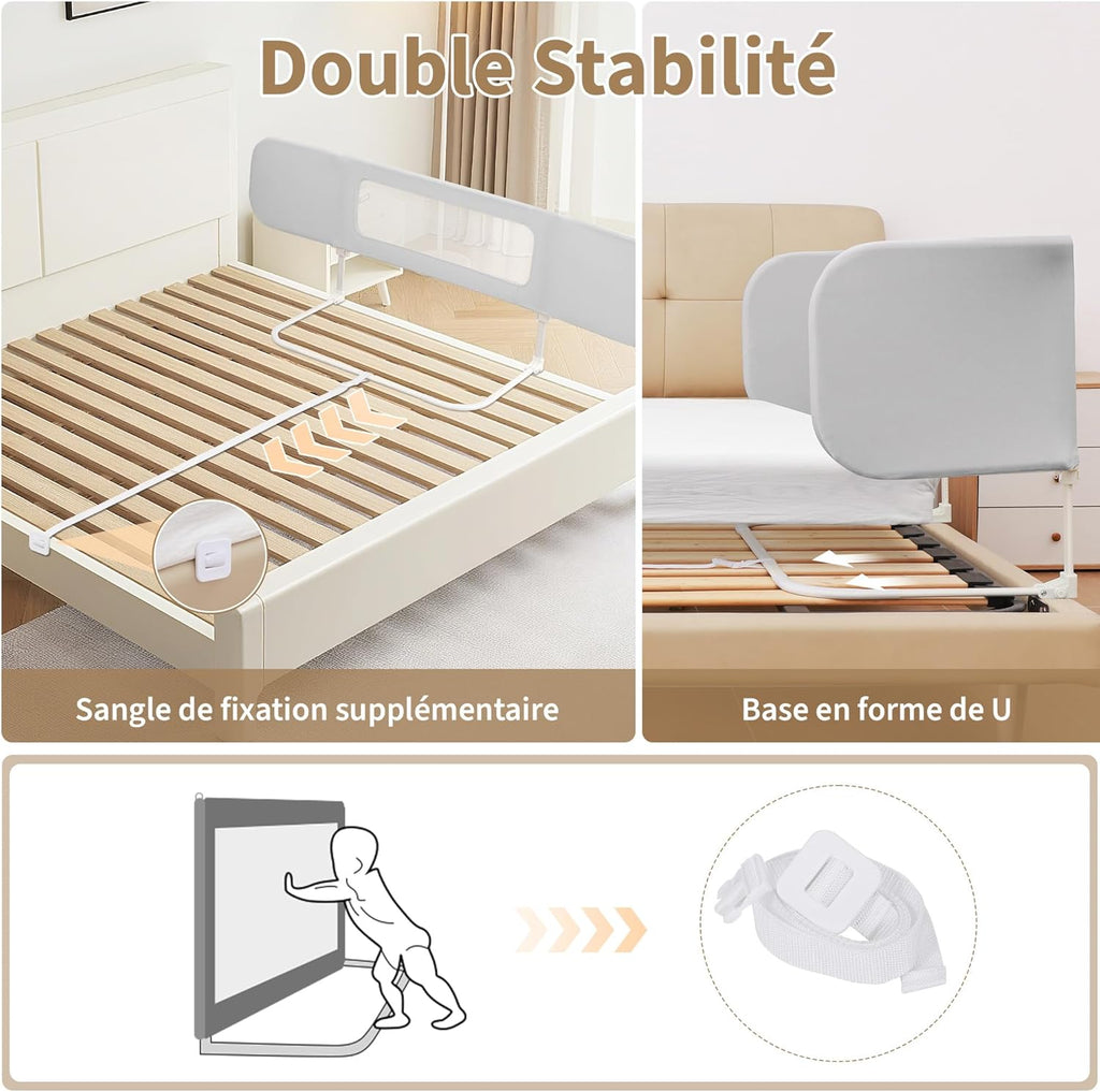 2-in-1 Foldable Child Bed Rail (185 cm) / Baby Co-Sleeper Guard — Includes Carry Bag — High-Profile Bed Rail for Toddlers — Ideal for Travel & Vacations — Ready to Use — Grey